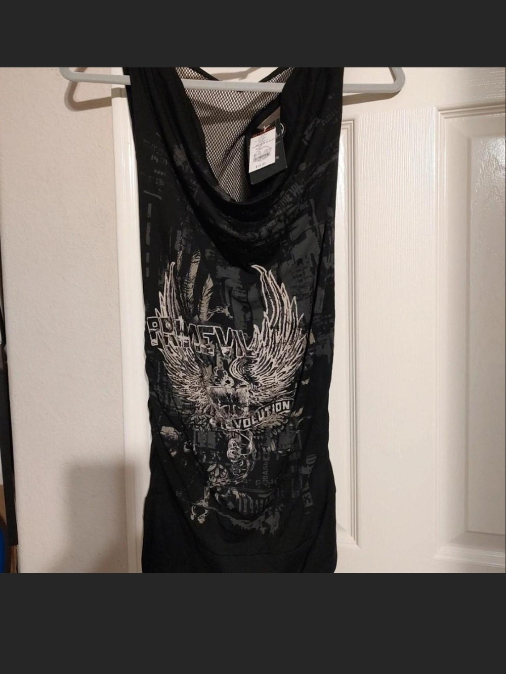 NWT PRIMEVIL Black Graphic Cowl Neck Women's Long Tank Top. S